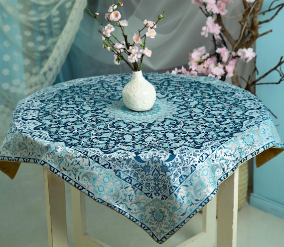 Türkis persische Thermeh Tischdecke: Seide Blumenmedaillon Dekor (100 x 100 cm)