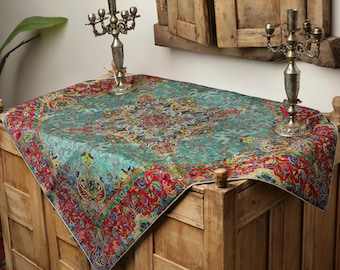 Persian Termeh Tablecloth: Turquoise & Red Silk, Paisley Floral Design (100x100cm)