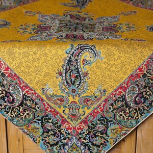 100*100 (cm) Persian Yellow Traditional Termeh Tablecloth Woven With Silk Fabric | Square Tablecloth With Floral And Paisley Design