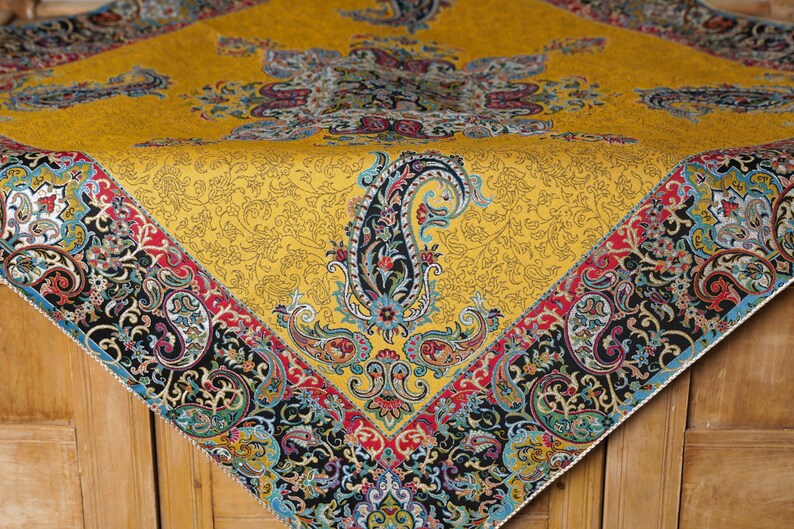 100*100 (cm) Persian Yellow Traditional Termeh Tablecloth Woven With Silk Fabric | Square Tablecloth With Floral And Paisley Design
