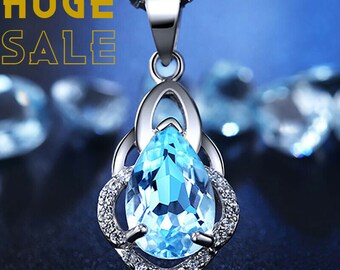Elegant 925 Silver Necklace Pendants Blue Sapphire Women Wedding Jewelry Gift