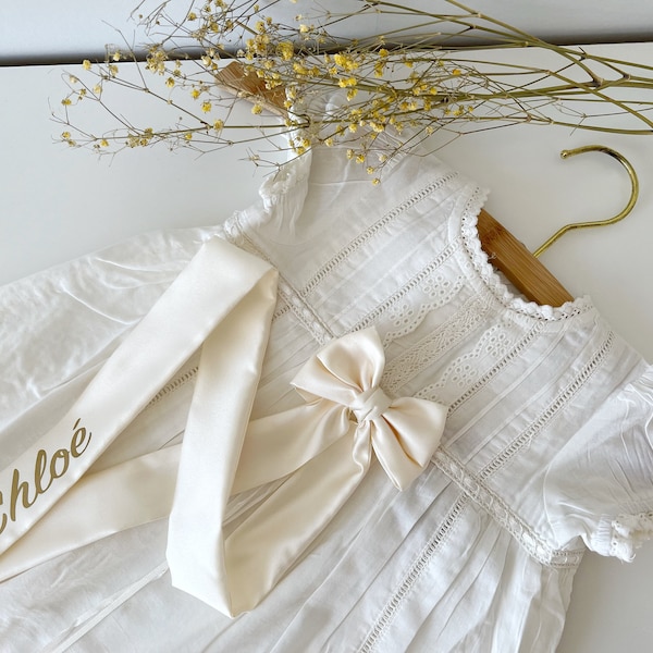 Baptism dress bow, personalised communion bow, christening baby dress accessory, cream color satin baptism, bow for christening dress