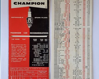 1959 Vintage Champion Spark Plug Application Chart Guide for 1920s-1959 Cars Trucks Willys Chevy Ford Jeep+ Antique Advertising Collectible