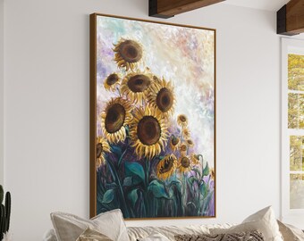 Sunflower Painting, Custom Wall Art, Original Stretched Canvas Art - Purple, Green, Gold