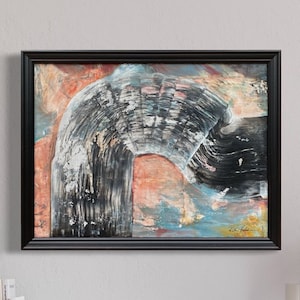 ORIGINAL ART Modern Geometric Painting, Black and Orange Abstract Original Canvas Painting Wall Art, Orange, Black, Blue 26.5x20.5”Framed