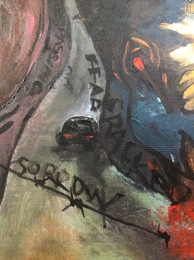 May include: A close-up of a painting with the words "FEAR" and "SORROW" written in black paint on a white background. The painting is done in a dark, abstract style with a lot of texture.