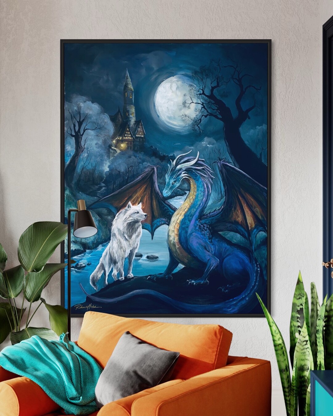 Dragon and Wolf Moonlight Painting, Custom Fantasy Art - Etsy