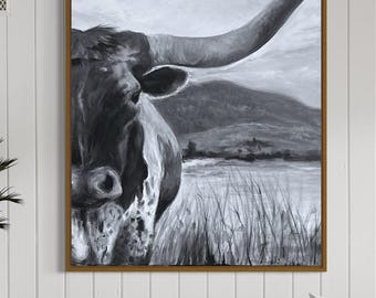 CUSTOM Longhorn Bull Painting,Hand-Painted Black and White Wildlife Artwork, Cowboy Art