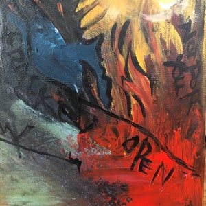 May include: Abstract painting with a red, yellow, and blue color scheme. The word "OPEN" is written in black paint on a red background.
