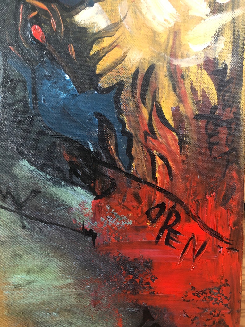 May include: Abstract painting with a red, yellow, and blue color scheme. The word "OPEN" is written in black paint on a red background.