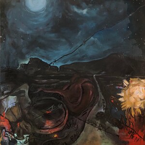 May include: A dark, abstract painting with a full moon and stars in the sky. The painting features a barbed wire fence and a winding path leading to a bright, yellow flower. The painting includes the words "FEAR", "SORROW", "OPEN", "REGRET", "LIE", "TOGETHER", "WE", "FAITH", "ESTANCIA", "DEBTS", and "STOP THINKING".