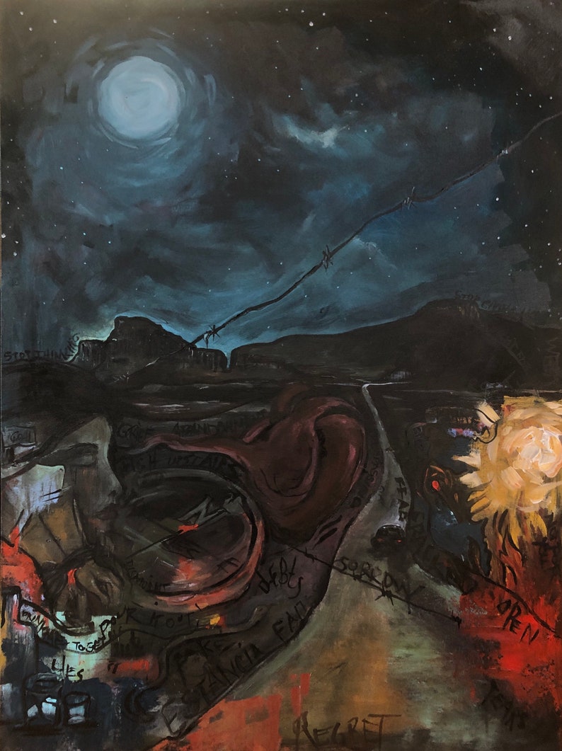 May include: A dark, abstract painting with a full moon and stars in the sky. The painting features a barbed wire fence and a winding path leading to a bright, yellow flower. The painting includes the words "FEAR", "SORROW", "OPEN", "REGRET", "LIE", "TOGETHER", "WE", "FAITH", "ESTANCIA", "DEBTS", and "STOP THINKING".