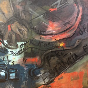 May include: A close-up of a painting with abstract shapes and brushstrokes in shades of brown, green, red, and white. The painting includes the text "GIVE ME POUR IT OUT!" and "LES TOGETHER IT", and the signature "ESTANCIA FAD".
