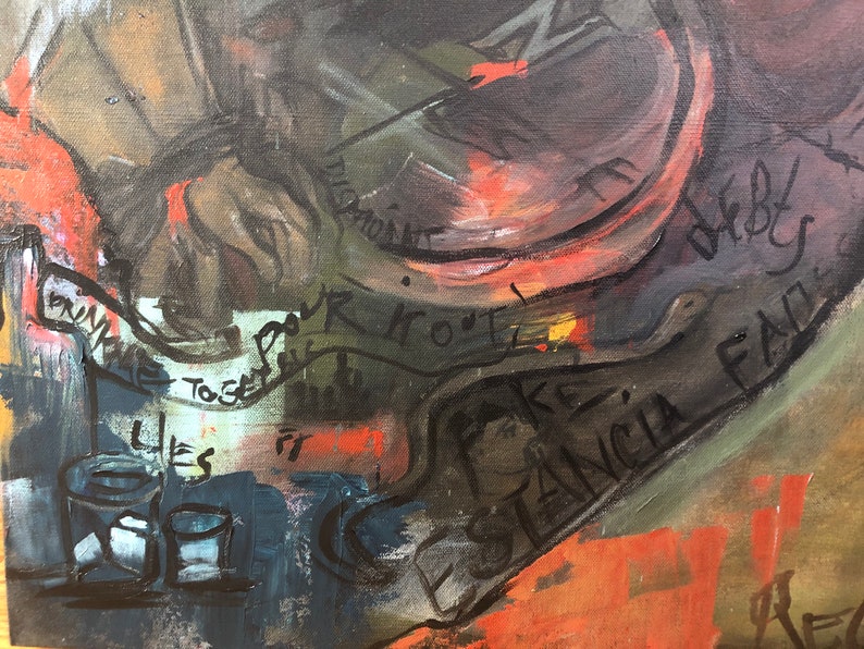 May include: A close-up of a painting with abstract shapes and brushstrokes in shades of brown, green, red, and white. The painting includes the text "GIVE ME POUR IT OUT!" and "LES TOGETHER IT", and the signature "ESTANCIA FAD".