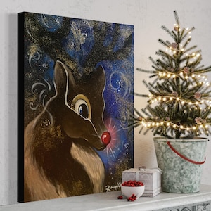 Rudolph the Red-Nosed Reindeer Glittery Canvas Painting, 1950s Style Illustration, Christmas Art, Gold Dusted, Vintage Style Painting