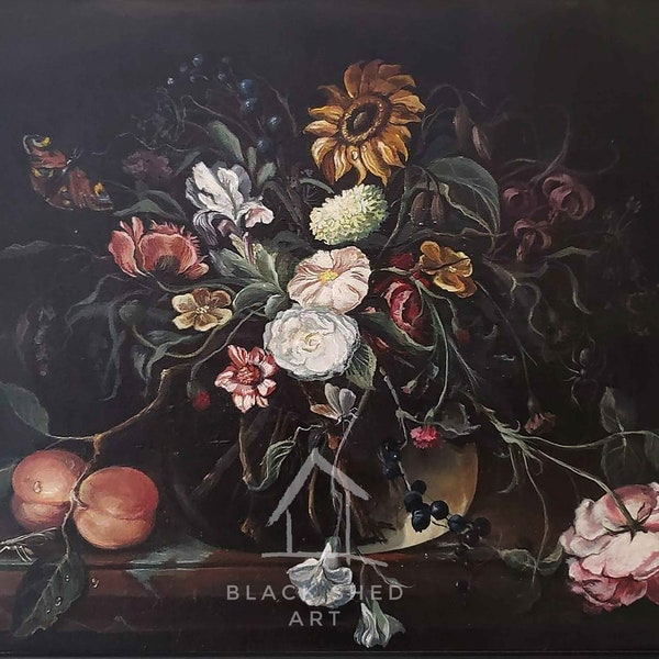 Rachel Ruysch Inspired Floral and Hidden Insects Limited Edition Print Wall Art - Brown, Gold, Pink