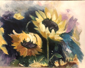 Sunflower Painting, Custom Wall Art, Original Stretched Canvas Art - Purple, Green, Gold