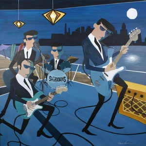 Retro Band Portrait Painting, Caricature Pop Art, 50s Style Personalized Commissioned Painting