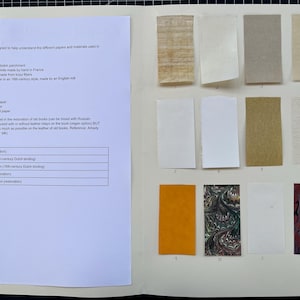 Può includere: Un libro aperto che mostra campioni di carta per la rilegatura. I campioni includono varie trame e colori, con un focus su materiali come pergamena e carta marmorizzata. Un elenco dettagliato dei tipi di carta è sulla pagina sinistra, con campioni di colore a destra.
