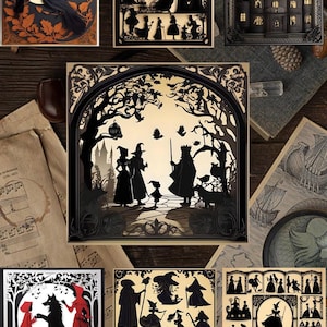 May include: A set of 10 black and white silhouette paper cutouts featuring fairytale characters and scenes. The cutouts are framed in black and gold frames and have a vintage aesthetic.
