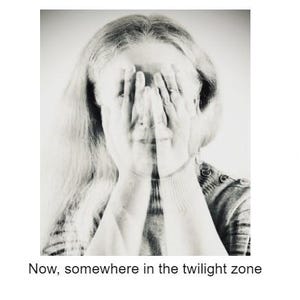 May include: A monochrome triptych depicting a woman at different ages. The first image shows her twenty years ago, the second in the twilight zone, and the third, possibly in twenty years. Text includes "Me, twenty years ago...", "Now, somewhere in the twilight zone", and "In twenty years, maybe... (IA generated)".