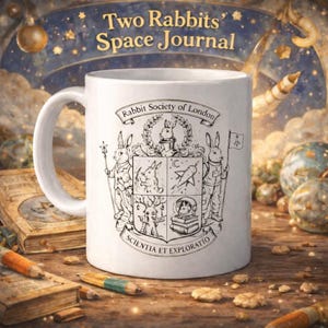 May include: White ceramic mug with the text "Two Rabbits' Space Journal" and a crest featuring rabbits. The crest reads "Rabbit Society of London" and includes the Latin phrase "Scientia et Exploratio". The mug is on a wooden surface with pencils and books.
