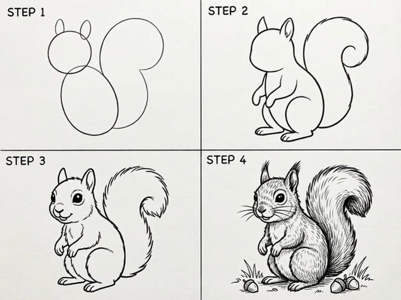 Squirrel Basic Shape Learn to Draw Forest Animals, 20 Step-by-step Drawing Cards, Printable ...