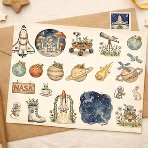 Könnte beinhalten: Eine Sammlung skurriler Aufkleber zum Thema Weltraum mit Planeten, Raketen, Astronauten und Himmelselementen. Die Illustrationen sind in sanften Aquarelltönen gehalten, mit einer Vintage-Ästhetik. Das Wort "NASA" ist sichtbar.