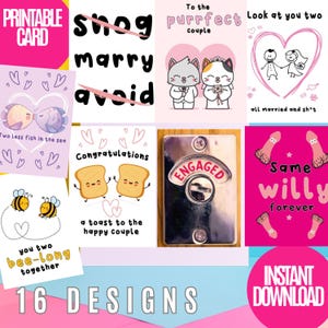 Druckbare Hochzeit Verlobungskarten - 16 lustige niedliche Designs - Digitales Grußkarten Set - Sofortiger Download - Liebe & Herzlichen Glückwunsch