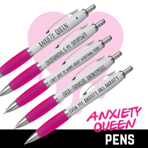 Set di penne Anxiety, confezione da 5 penne a sfera Anxiety Queen - Set di penne divertenti per colleghi - Funky Stationery Quirky Gift