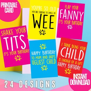 24 afdrukbare onbeleefde en grappige verjaardagskaarten, digitale download voor hem en haar, sarcastische humor – jpeg- en pdf-bestanden – directe download
