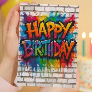 Biglietto di auguri di buon compleanno con graffiti – Design colorato con vernice spray urbana – Biglietto di compleanno per lui, fratello, figlio, nipote, ragazzo adolescente JBS84