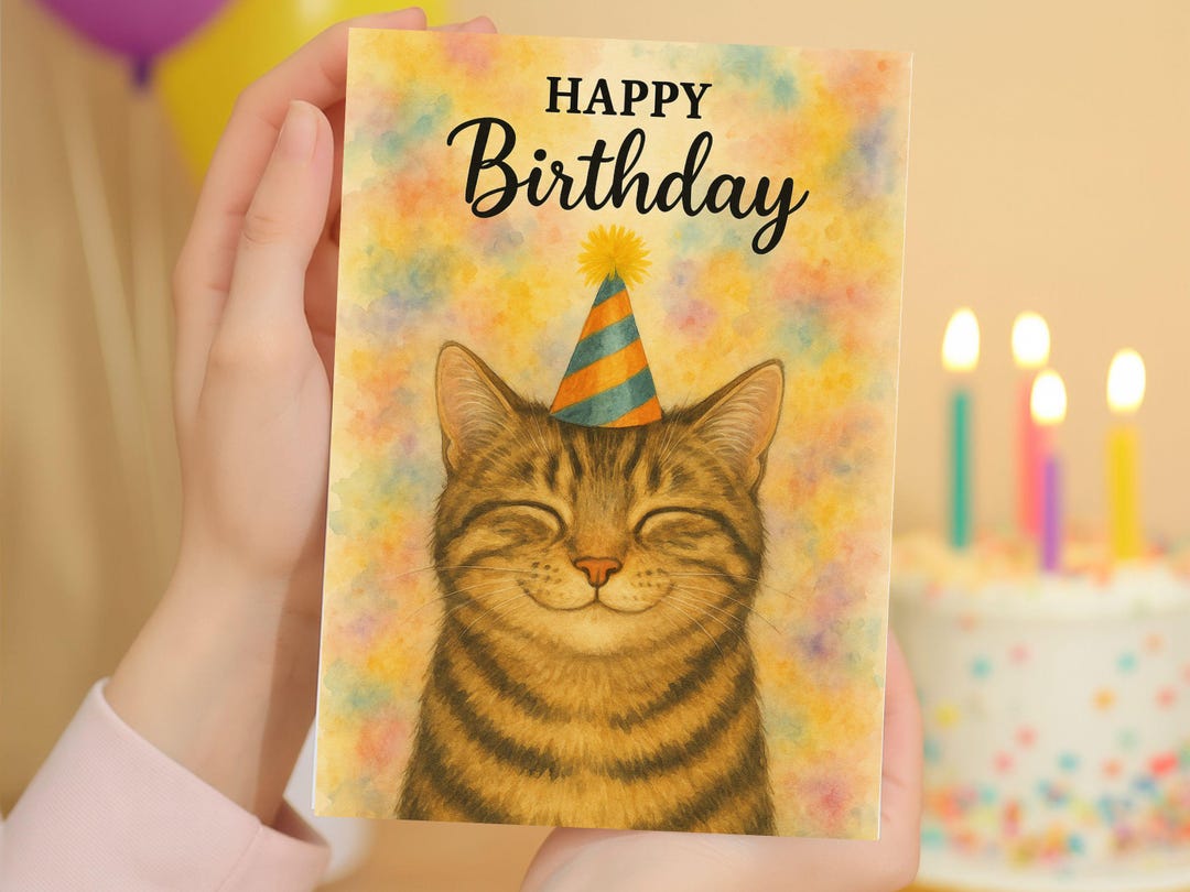 Tabby Cat Birthday Card – Funny Watercolour Cat Illustration – Cute ...