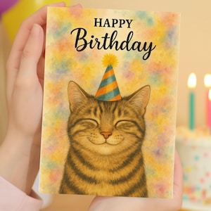 Tabby Cat Birthday Card – Funny Watercolour Cat Illustration – Cute Card for Cat Lovers – Unisex Birthday Card for Him or Her JBS74