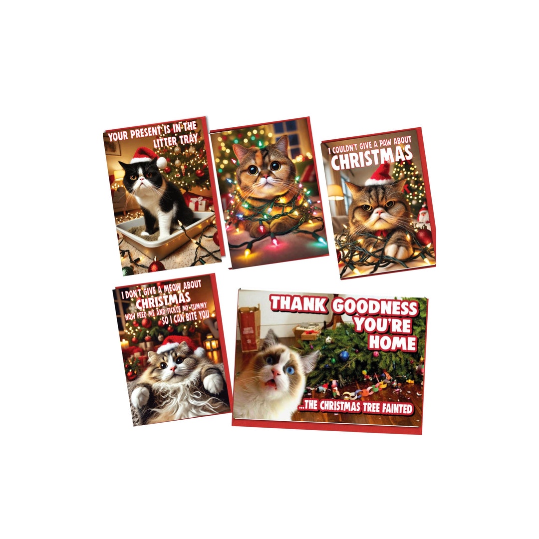 5 Funny Cat Christmas Cards, Christmas Cards for Cat Lover, Cats at ...