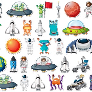 Petit garçon, astronaute, clipart extraterrestre, autocollants imprimables, dessins de l'espace, PNG, EPS, fichiers graphiques, planètes aux couleurs vives, fusées, décoration
