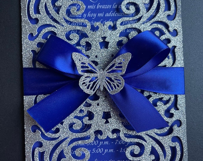 Quinceanera invitations Butterfly mariposas invitations royal blue and silver invitations
