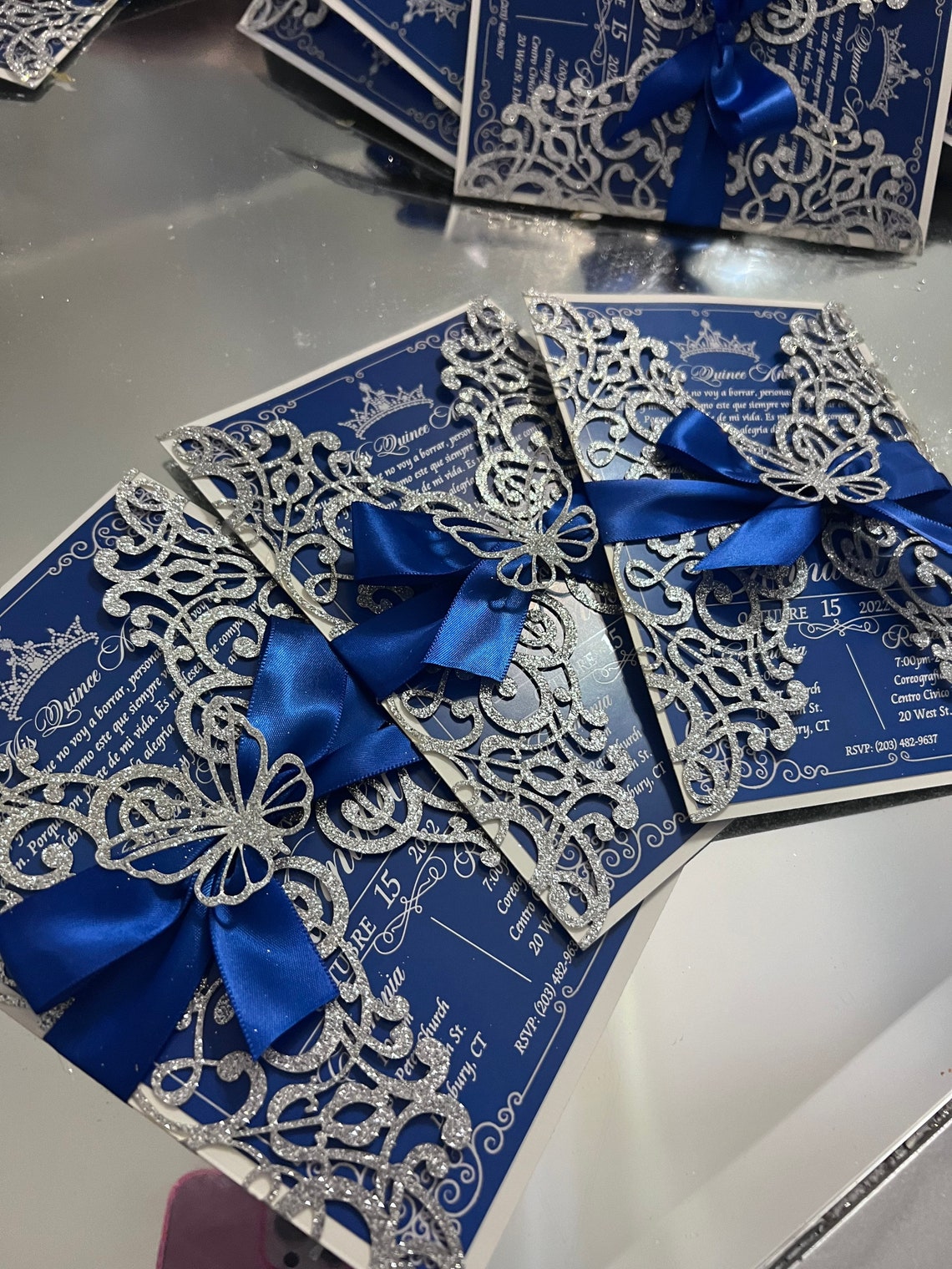 Royal blue and silver laser cut invitations for quinceañera image 1