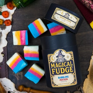 May include: A black container of "Magical Fudge Babbling Potion" with a wizard label, surrounded by colourful fudge squares. The fudge is layered with blue, pink, yellow, and white stripes. The container is open, with some fudge squares spilling out.