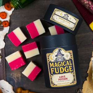 May include: A black cylindrical box and lid with a label that reads "Magical Fudge" and "Love Potion (Strawberry & Cream)". Several pink and white fudge squares are scattered around the box. The box has a wizard illustration.