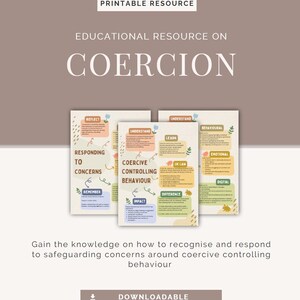 May include: Educational resource on coercion, featuring three colorful printable posters. The posters cover topics like responding to concerns, coercive controlling behavior, and understanding different aspects. The image includes the text "Printable Resource" and "Downloadable".