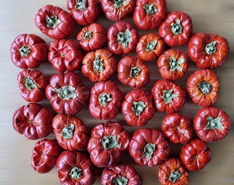 May include: A collection of red, round, slightly wrinkled peppers. The peppers are arranged in a circle on a light brown wooden surface.