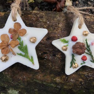 May include: Two white star-shaped decorations with dried flowers, leaves, and gold bells embedded in the wax. The decorations are hanging from twine.