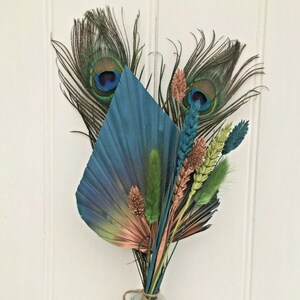 Peacock Dried Palm Spear Cake Topper, boutonnières, corsage, cake topper, lance di palma, verde, blu