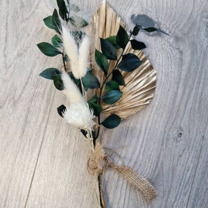 Topper per torta con lancia di palma essiccata verde e oro, boutonnières, corsage, cake topper, lance di palma, fiori secchi