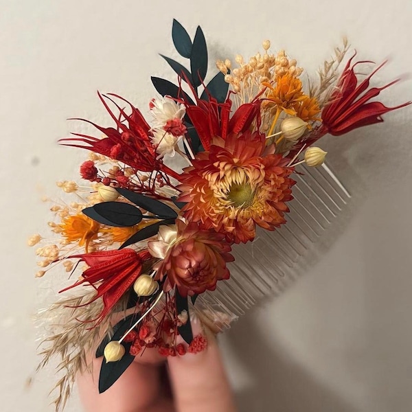 Naranja quemado, peine de flores, peine para el cabello, peine nupcial floral, flores secas, cabello de novia, peine de flores de boda, accesorios para el cabello de otoño