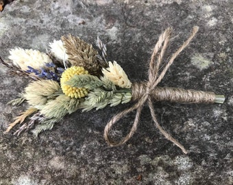 Dried flower boutonnières buttonhole with grasses rustic billy buttons craspedia corsage boho wedding