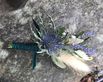 Thistle Scottish wedding dried flower boutonniere - buttonhole- corsage - tartan ribbon, gypsophlia, flax, something blue