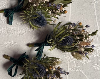Set of 3 Thistle Scottish wedding dried flower boutonniere, buttonhole, corsage, tartan ribbon, gypsophlia, flax, something blue