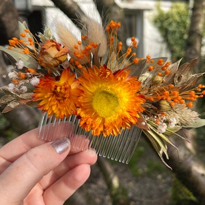 Burnt orange and yellow, flower comb, comb, floral Bridal Comb, Dried Flowers, bridal hair, wedding flower comb, autumn hair accessories